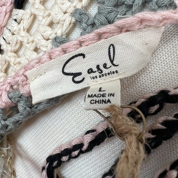 Easel Boho Crochet Top Sea Foam Shirt Sz L Smocking Tie Back Pink White - Picture 5 of 8